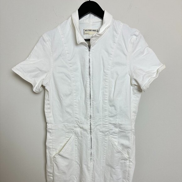 FREE PEOPLE Jayde Denim Flared Jumpsuit in Pure White Size X-Large - Picture 5 of 9
